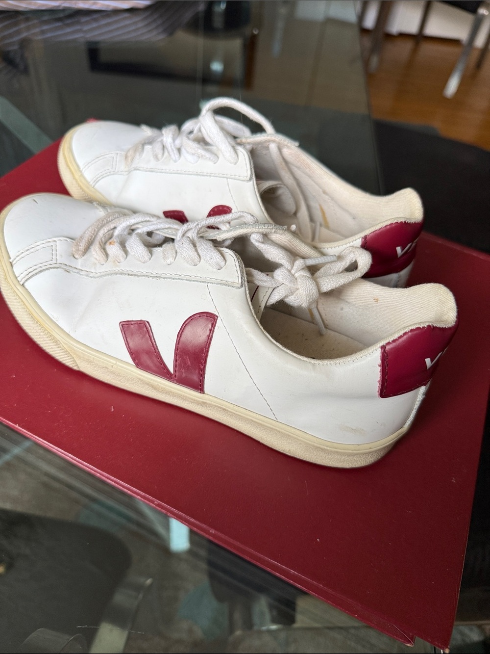 Veja Women's White Sneakers with Red V and Heel